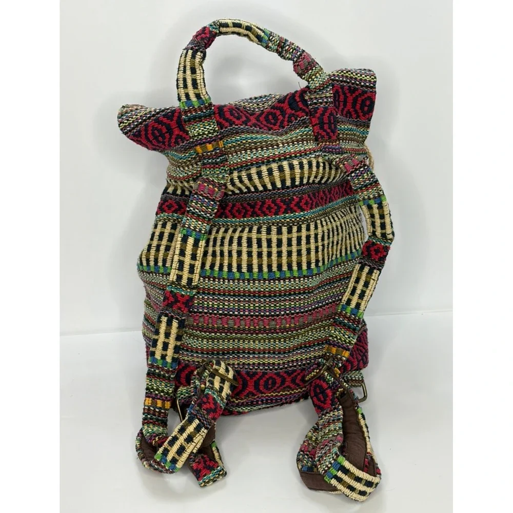 Boho Woven Tapestry Backpack Multi Color Geometric Drawstring Rucksack Festival